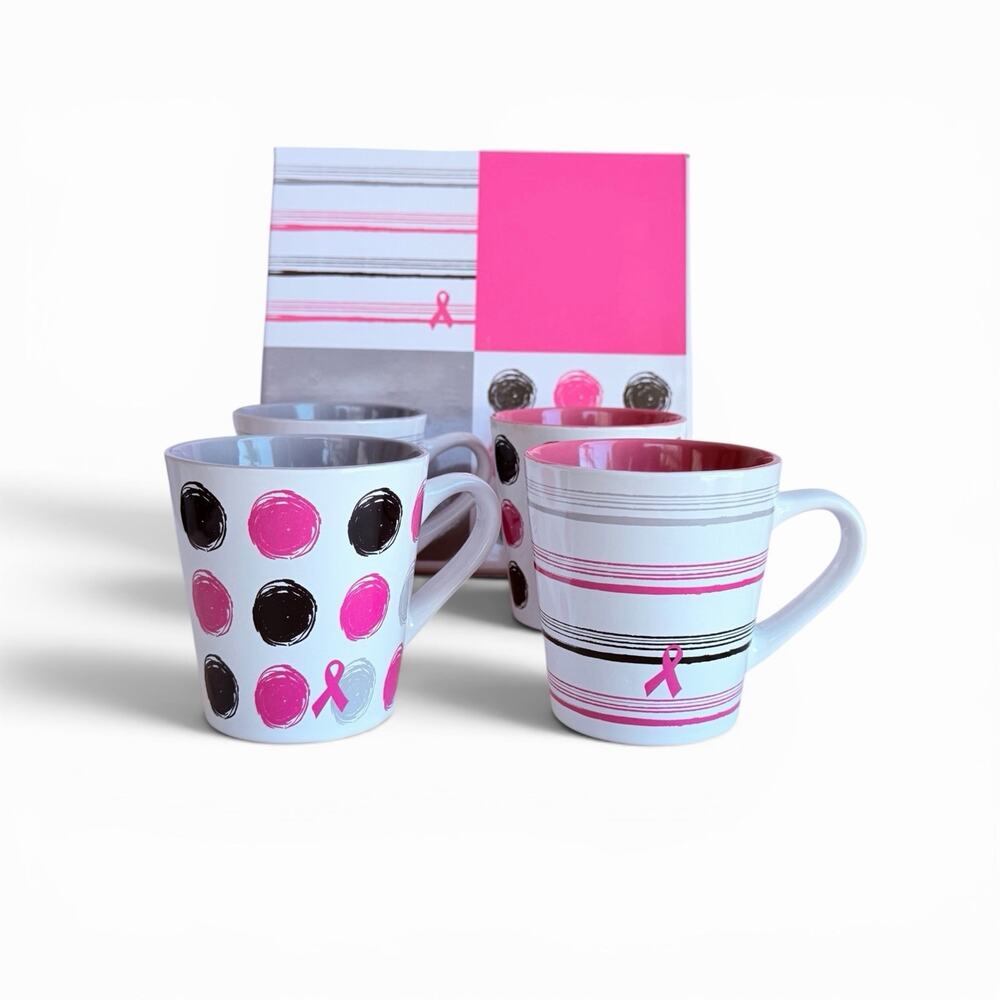 NIB Set of 4 New Breast Cancer Awareness Pink Ribbon Coffee Mugs w/ Gift Box